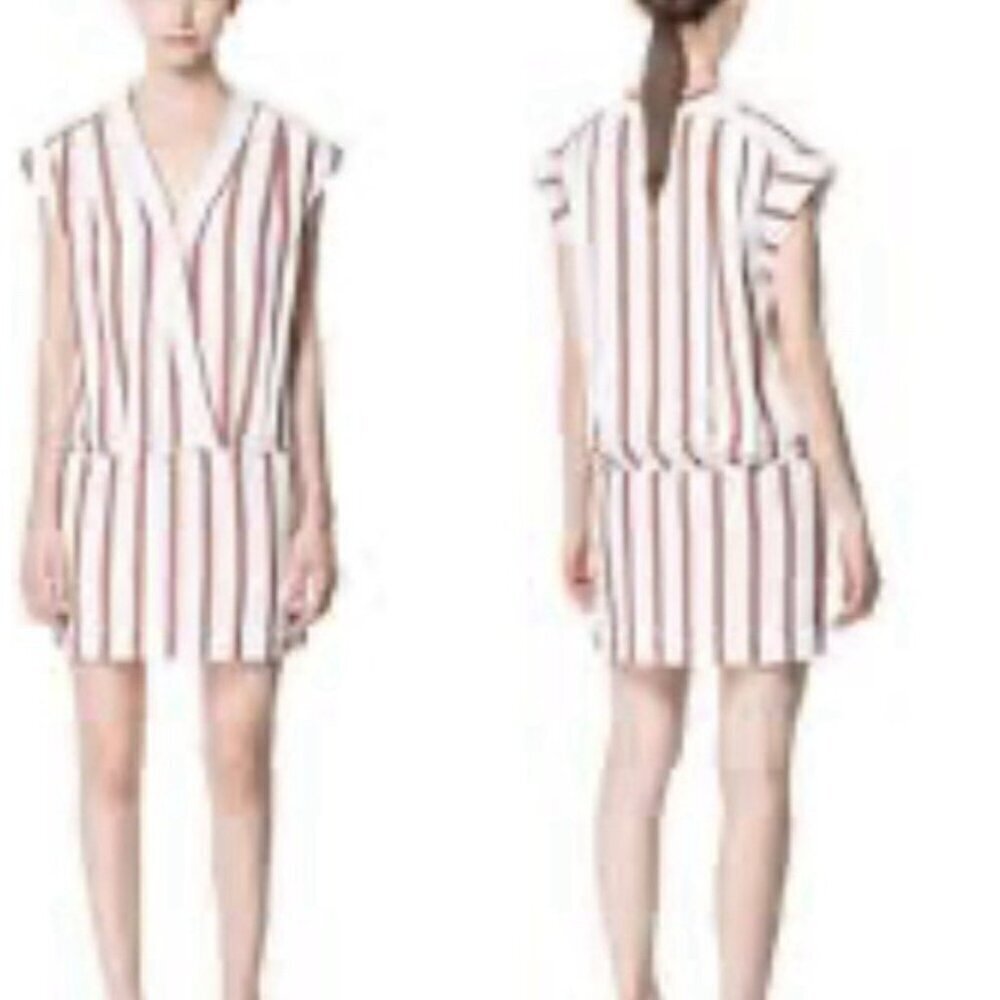 Zara Dress Womens Medium Red White Striped Mini Faux Wrap Pleated Pockets Boho